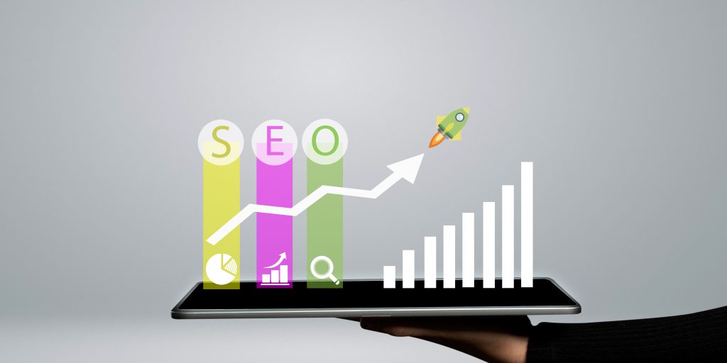 SEO search engine optimization concept with growth graph and icons